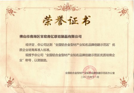 亿联铝材-知名品牌证书